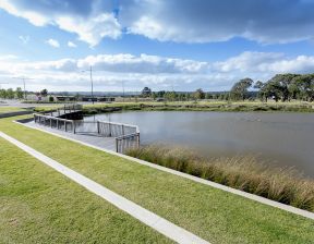Greenery next to lake along with walking path
