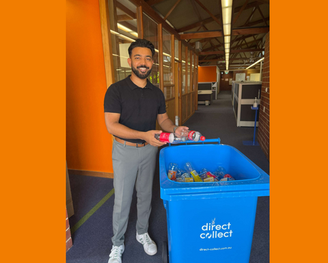Man putting plastic bottle in blue colour bin