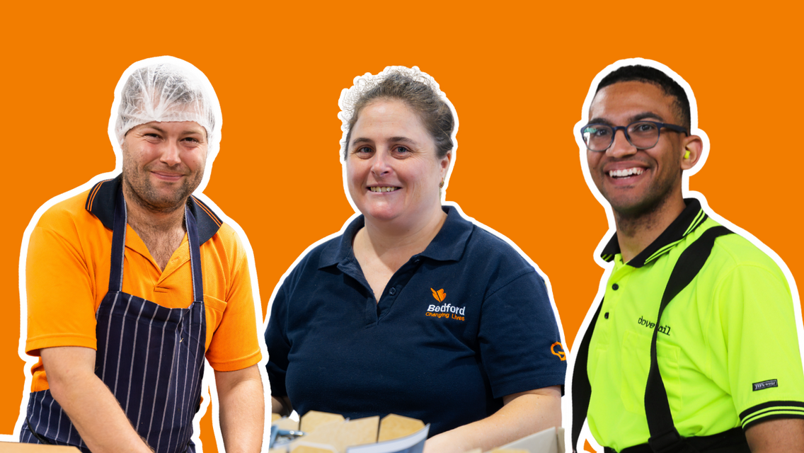 Orange background with three individuals smiling