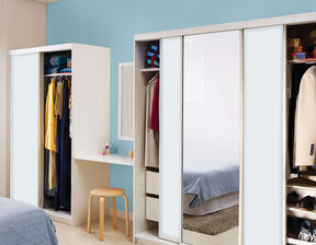 Sliding mirror cupboards with desk and stool layout