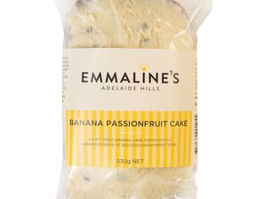 Packaged cake in plastic wrap with yellow colour label