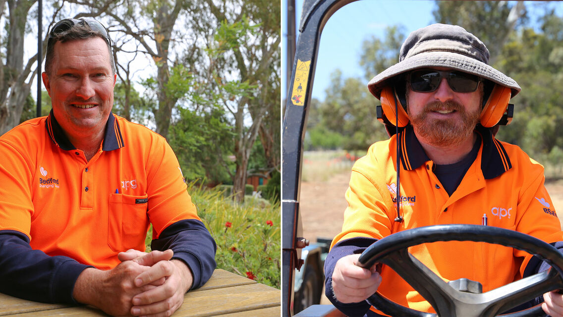 Two images of men wearing hi-vis apg branded orange clothing, right one on tractor wearing bucket and sunglasses