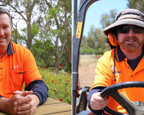 Two images of men wearing hi-vis apg branded orange clothing, right one on tractor wearing bucket and sunglasses