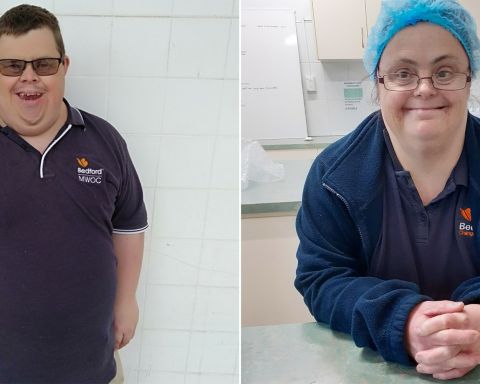 Two images, man wearing tinted glasses and bedford branded polo and to the right lady wearing a hair mask, glasses and jacket smiling at camera