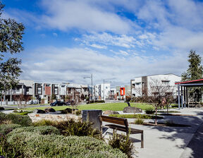 Overview of walking space, benches, trees and greenery and buildings behind
