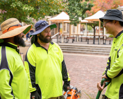 GreenInc employees talking to each other