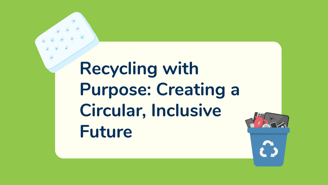 Animation of mattress and e-waste with a text on a green colour background