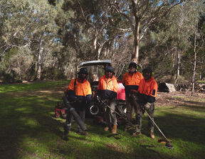 Group of individuals wearing hi-vis orange clothing surrounded by greenery and mower