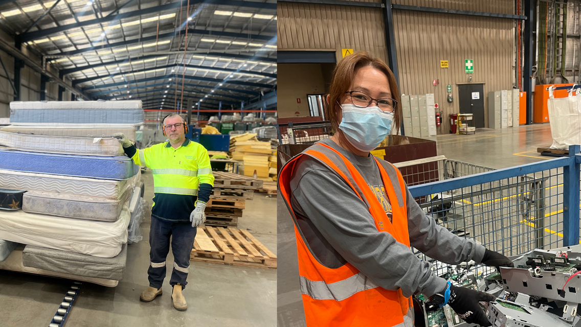 Man standing next to mattresses on the left and women holding e-waste on the left