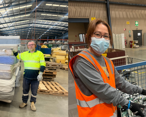Man standing next to mattresses on the left and women holding e-waste on the left