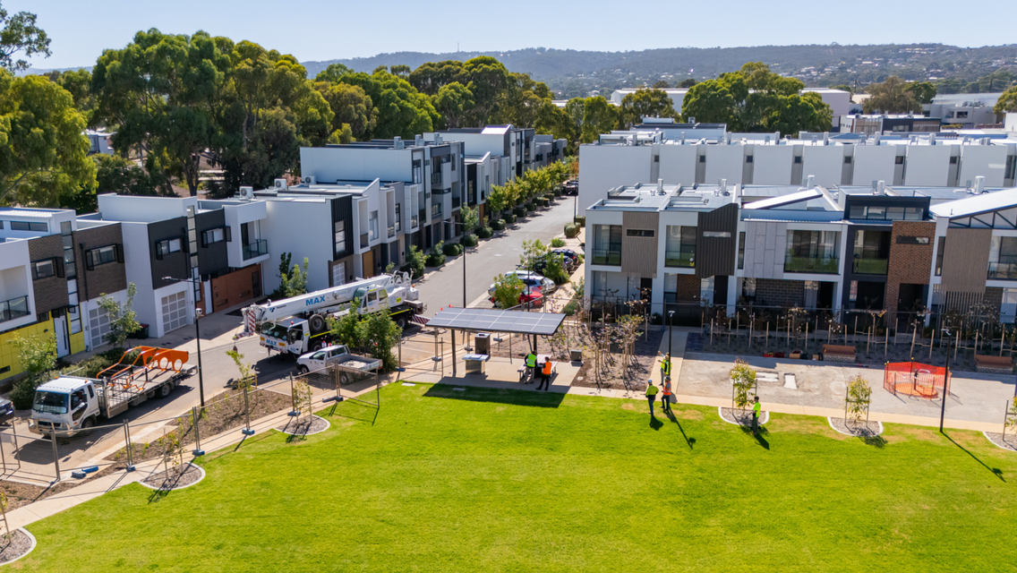 Birds eye overview of buildings and greenery