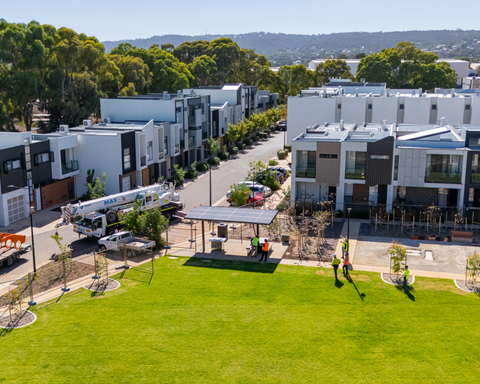 Birds eye overview of buildings and greenery